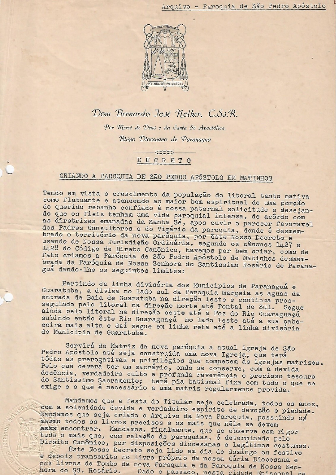 Documento original do decreto de criação da Paróquia de São Pedro Apóstolo em Matinhos